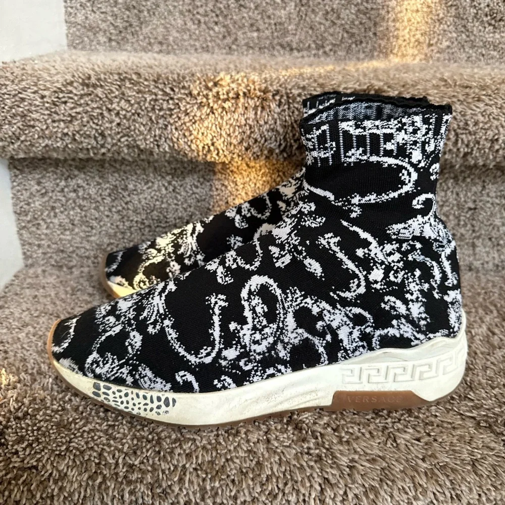 Versace Men’s Black and White Patterned Knit Sock Sneakers - Picture 2 of 12